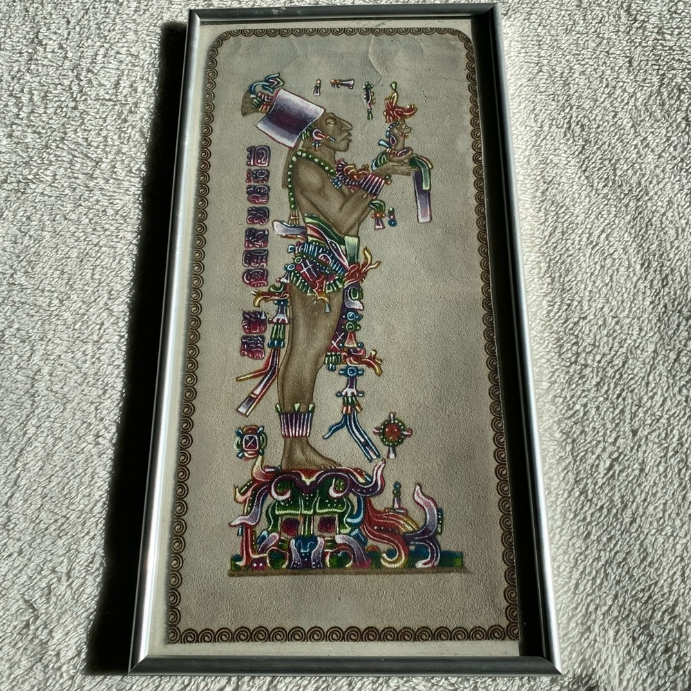 Hand Painted leather Mayan King Chan Bahlum II framed art piece 8.5 x 6.5 inch